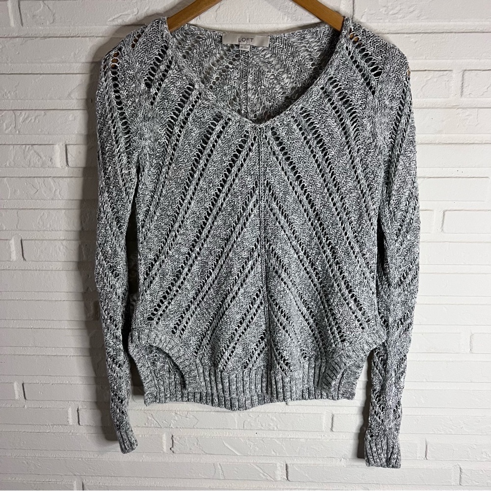 Loft Gray Cotton Open Knit Crochet Fall Long Sleeve Sweater, Women’s Size XS